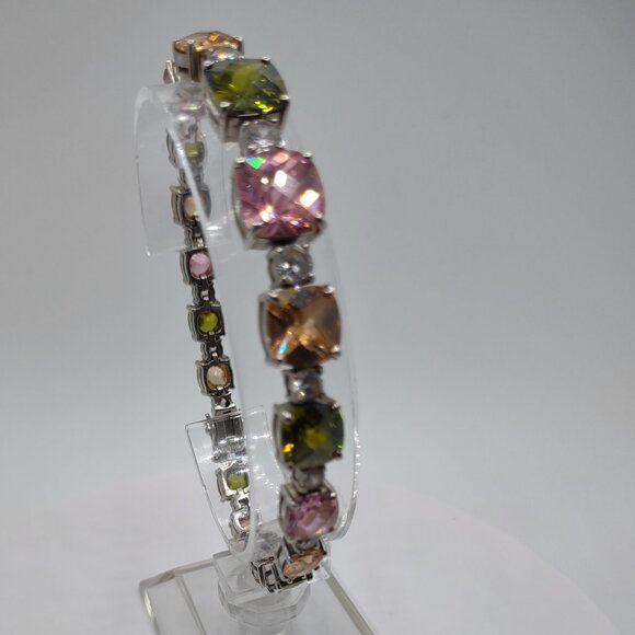 Womens Sterling Silver 925 Tennis Bracelet Sz 7" Pink/Green/Ginger-Color CZs - Picture 1 of 15